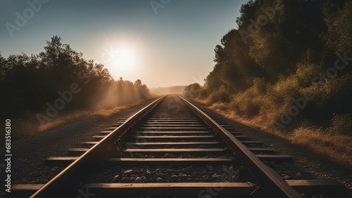 railroad tracks in the morning  A railway that vanishes into a blazing sun that is almost touching the ground.   photo
