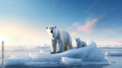 a polar bear and cub on an ice floe