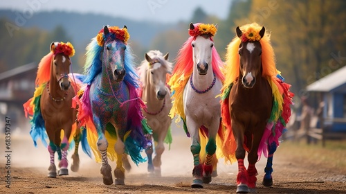 Horses gracefully parade during a colorful costume contest at the farm's annual fair.