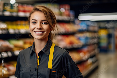 portrait of young smiling woman working in supermarket