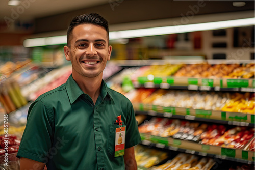 portrait of young smiling man working in supermarket