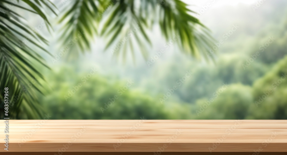 Tropical green background with empty table top in front. Exotic summer panoramic banner with copy space. Wooden bar counter in focus, blurred travel backdrop. Shelf for product, generated by AI