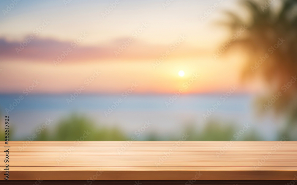 Empty wooden table top in focus, blurred sunset on the beach. Beautiful summer vacation background. Blank pedestal for advertising product, generated by AI