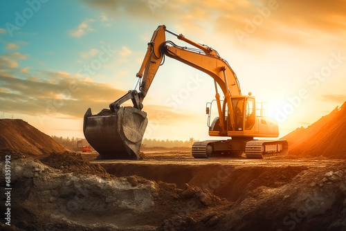 Excavator on earthmoving at open pit mining on sunset. Backhoe digs sand and gravel in quarry. Heavy construction equipment on excavation at construction site. Mining Excavator in open-pit. Open cast