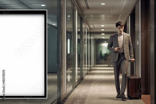 Wallpaper Mural Young Businessman in hotel hallway with phone and baggage Torontodigital.ca