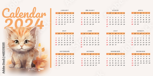 2024 calendar with cute cat design. minimalist style calendar, annual calendar. Vector illustration photo