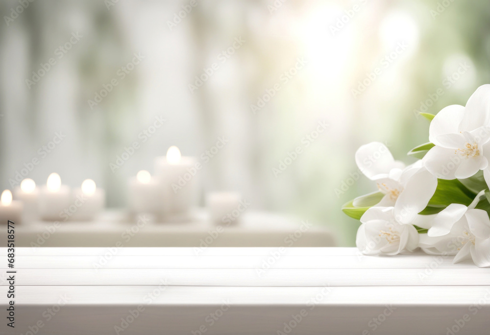 White empty table top in front, blurred spa background. Relax massage banner with candles. Advertising podium for showing product. Cosmetology shelf generated by AI White empty table top in front, blurred spa background. Relax massage banner with candles. Advertising podium for showing product. Cosmetology shelf generated by AI