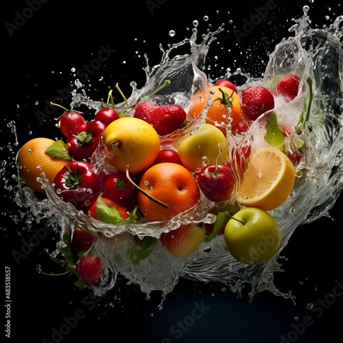 wave of water with a variety of organic vegetables and fruits in flight and sudden movement