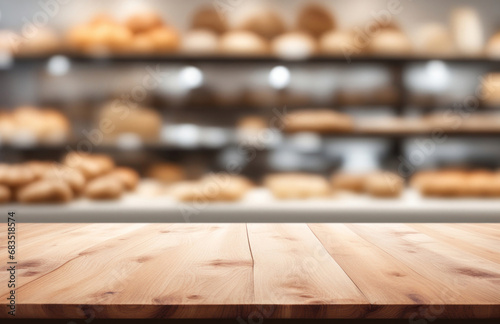 Empty wooden table top in focus, blurred bakery background. Blank desk for advertising product, generated by AI photo