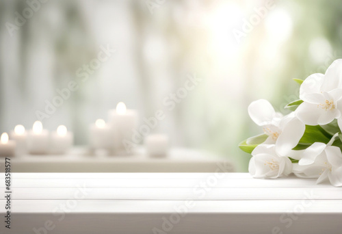 White empty table top in front, blurred spa background. Relax massage banner with candles. Advertising podium for showing product. Cosmetology shelf generated by AI