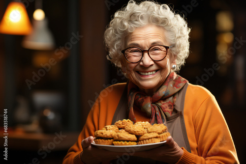 Grandmother old lady holding a pumpkin pie, copyspace, wide banner, fall autumn season, Thanksgiving holiday
