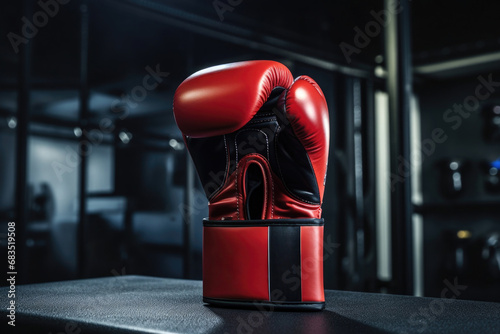 Red boxing glove against boxing ring, close up. Sports training © Lazy_Bear