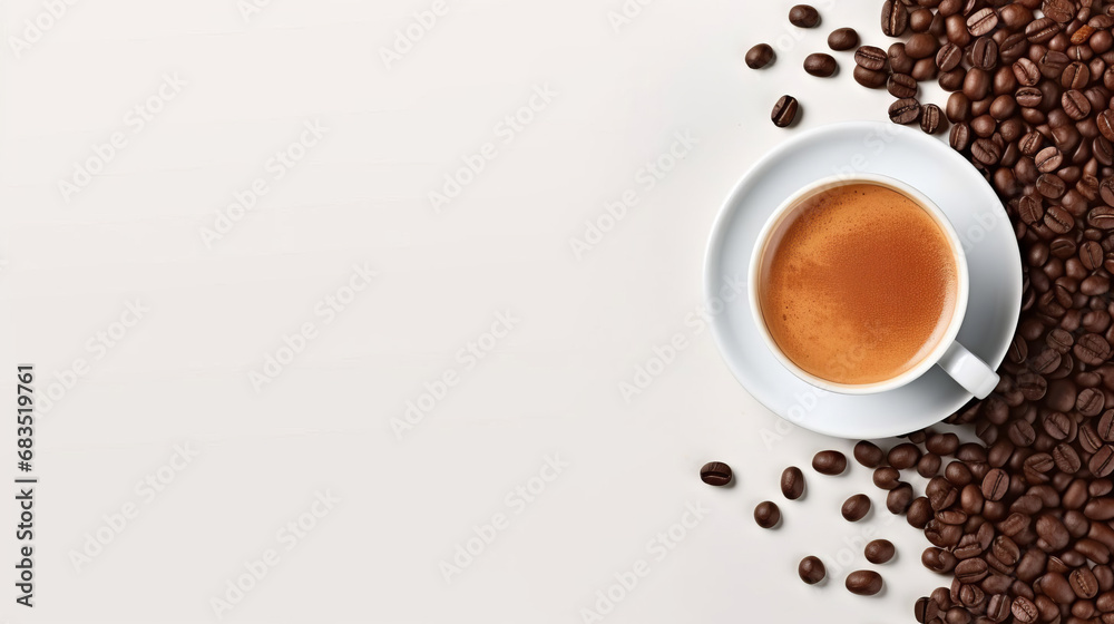 White cup with coffee next to coffee beans. Place for text. - obrazy, fototapety, plakaty 