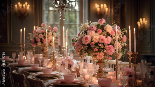 Elegant wedding table arrangement with flowers and candles photo