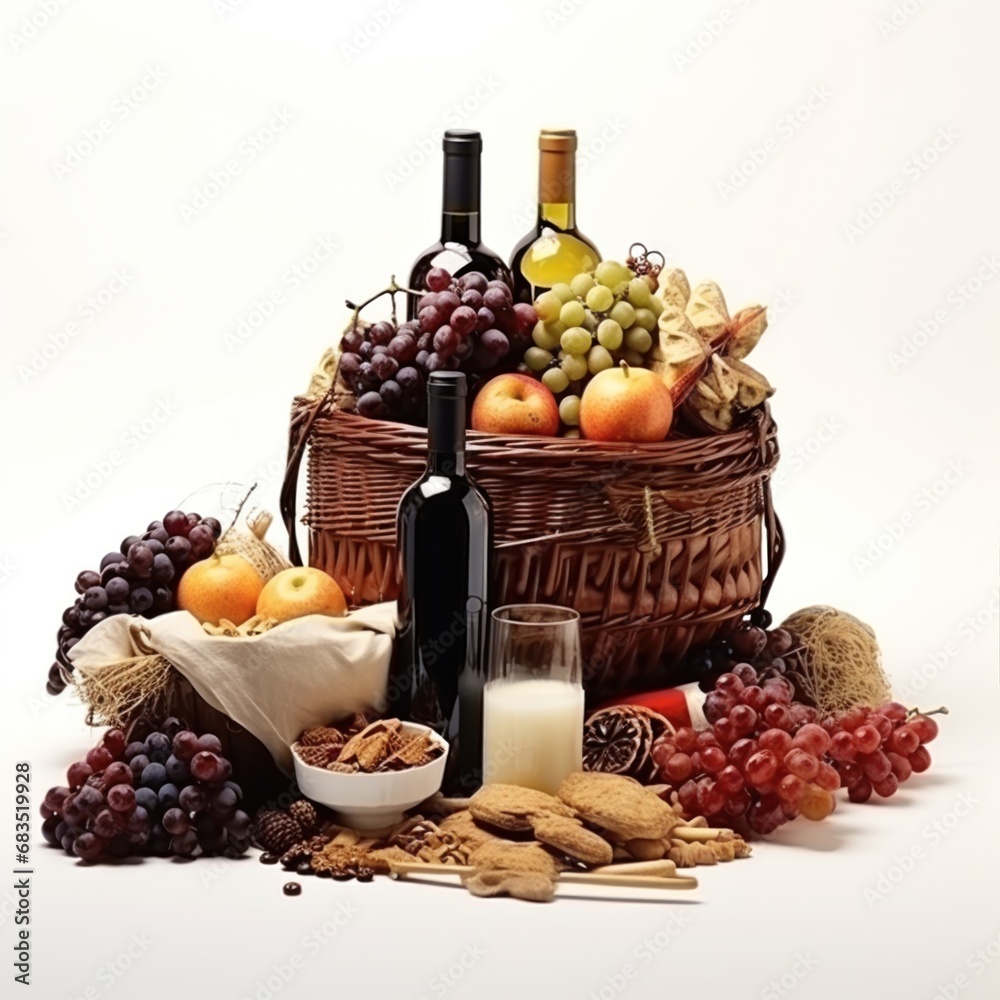 Wine, basket with grapes and apples. Gingerbread. Igredients for mulled wine isolated on white background