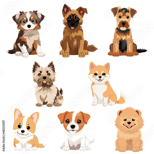 Set Of Cute Puppies Cartoon Different Breeds Dogs Vector illustration