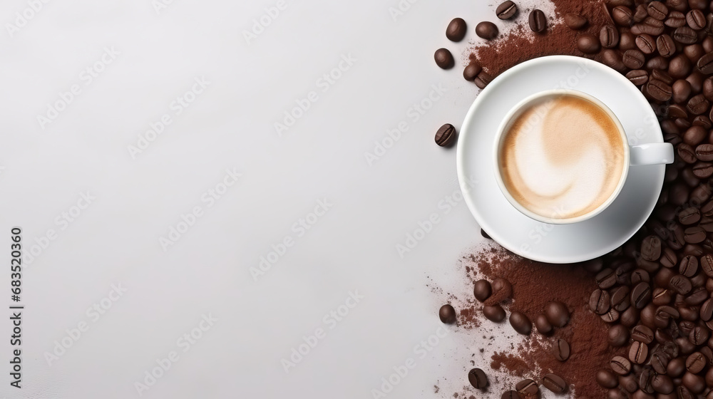 Fototapeta premium White cup with coffee next to coffee beans. Place for text.