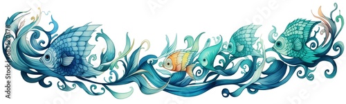 Beautiful decorative frieze with blue and yellow exotic fish in swirling algae and water waves, page border or banner, graphic element isolated on white background, swimming in the ocean, wallpaper photo