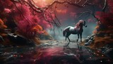 the amazing forest horse in a vivid, dreamlike realm where gravity is malleable and landscapes shift with thought.