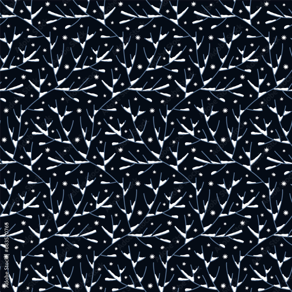 Vector seamless pattern with snow-covered tree branches on a dark background