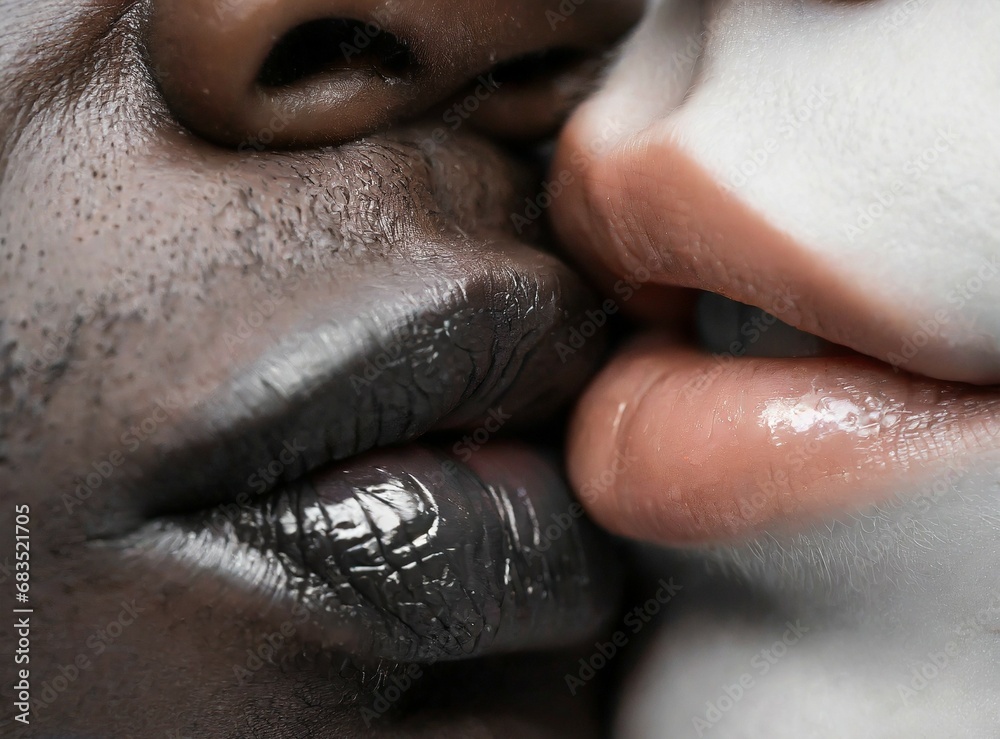 Obraz premium Interracial lips kiss closeup