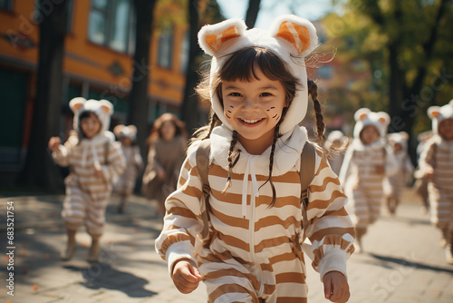 children play and run around in animal costumes, celebrate carnival. carnivals in childhood. carnivals. costumes of tigers, raccoons, lions, rabbits. happy children.