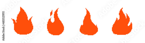 8bit retro game fire icon flames . Pixel flame fire vector icons.