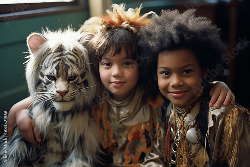 children play and run around in animal costumes, celebrate carnival. carnivals in childhood. carnivals. costumes of tigers, raccoons, lions, rabbits. happy children.