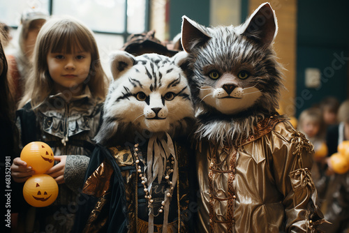 children play and run around in animal costumes, celebrate carnival. carnivals in childhood. carnivals. costumes of tigers, raccoons, lions, rabbits. happy children.