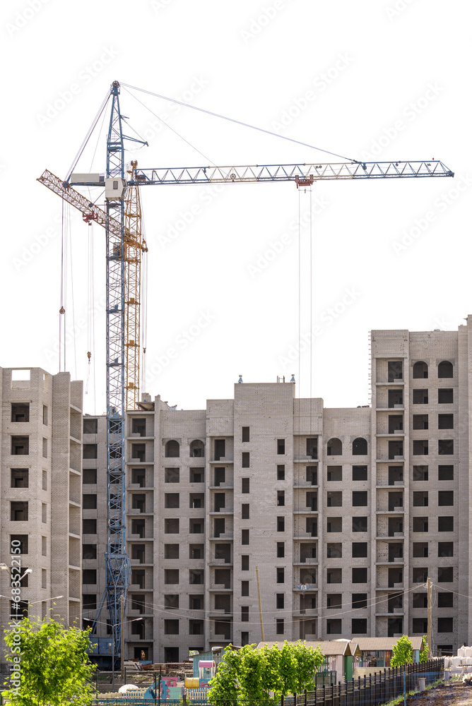 Construction of multi-storey buildings with tower cranes on a white isolated background. Construction of multi-storey buildings with tower cranes on a white isolated background.