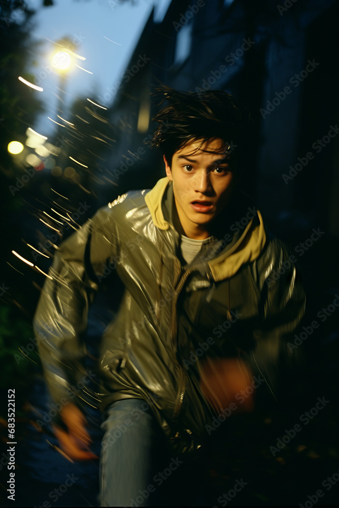 An Asian teenager boy running in the rain through motion in the night city