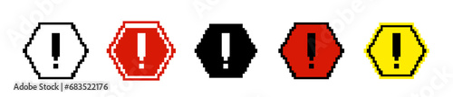 8 bit caution hexagon road sign icon. Pixel traffic sign