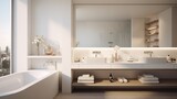 A contemporary white bathroom with a double vanity and sleek fixtures