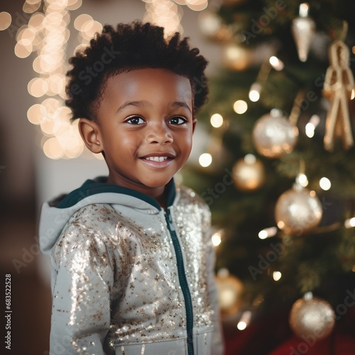 Smiling Black Toddler in Front of Christmas Tree