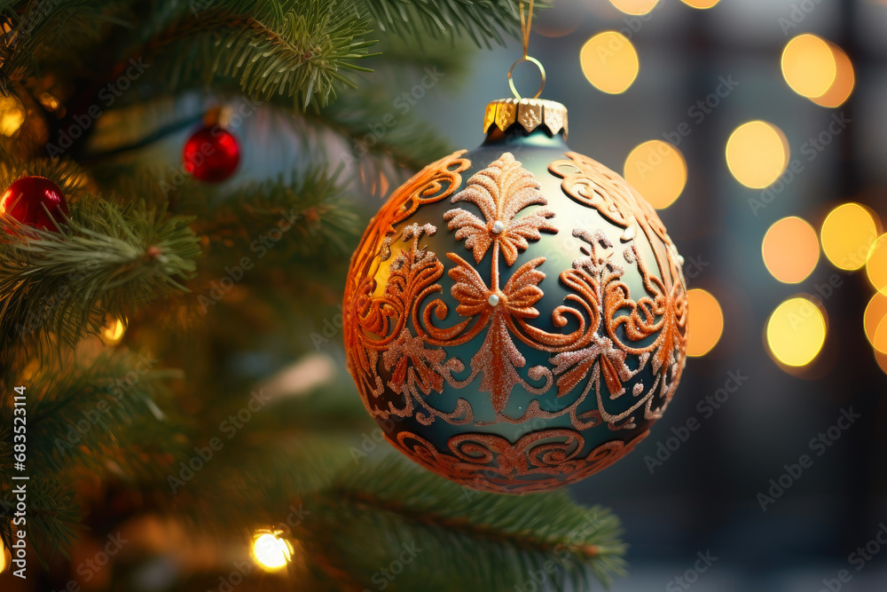 Dazzling Ornament with Bokeh Lights on Fir Tree Dazzling Ornament with Bokeh Lights on Fir Tree