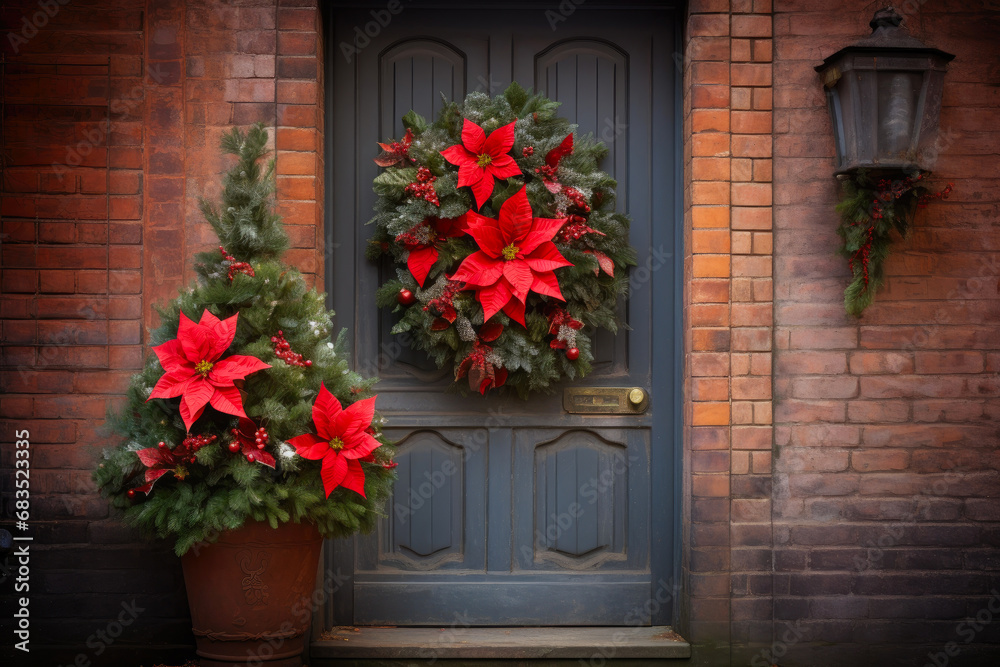 Cozy Christmas Welcome: Wreath on Brick Cottage Door