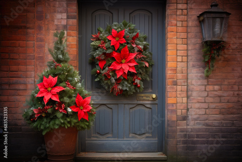 Cozy Christmas Welcome  Wreath on Brick Cottage Door