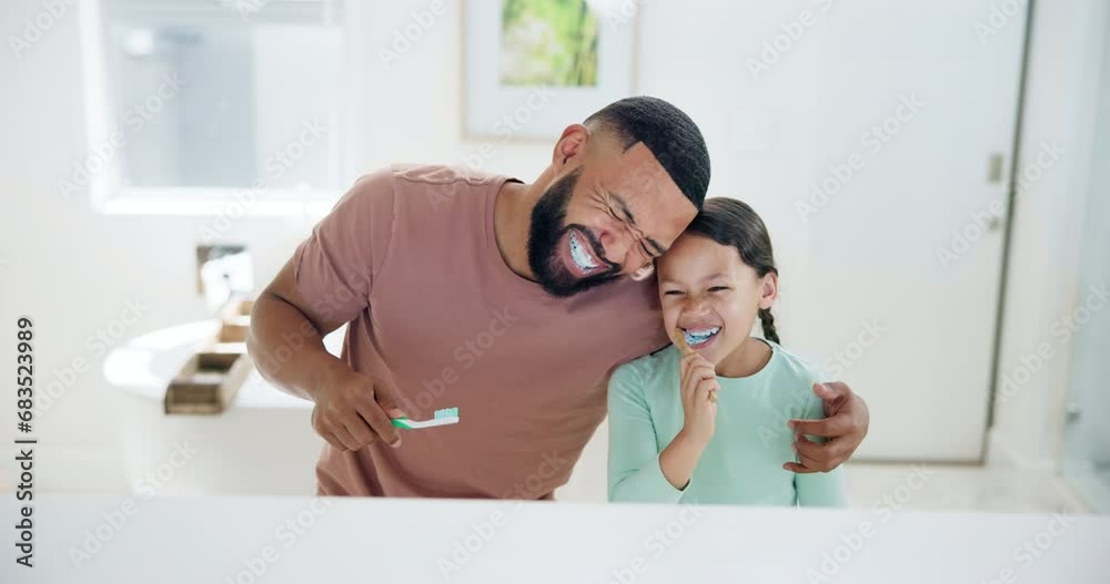 Vidéo Stock Happy father, girl and hug brushing teeth in bathroom for ...