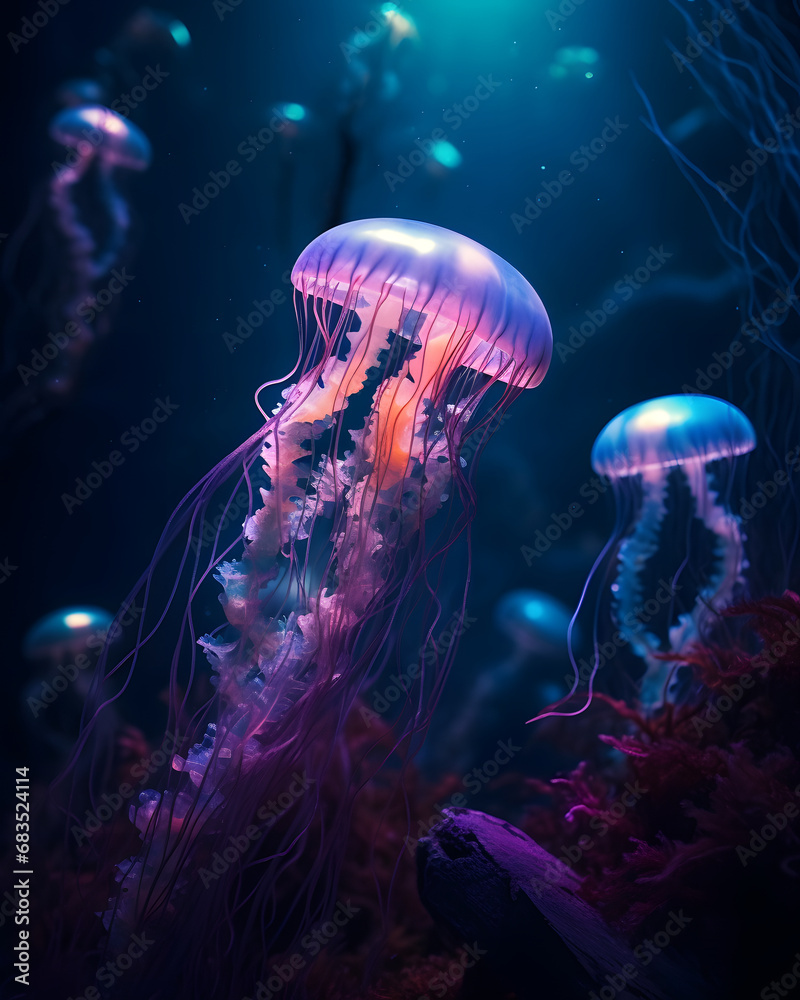 glowing jelly fish in the water