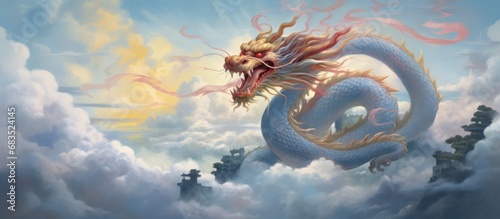 Fantasy of chinese dragon flying on clouds. AI generated image © artpray