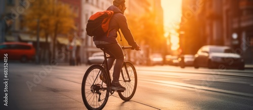 Back view Young man bike in the city at sunset blur background. AI generated image © artpray
