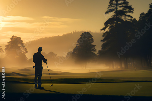 silhouette of a person playing golf in the sunset