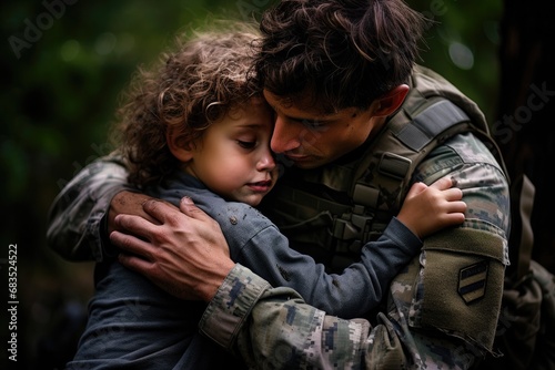 Sad family portrait, military father consoles upset child.