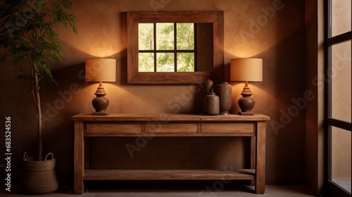 A brown entryway with a rustic console table, mirror, and warm accent lighting