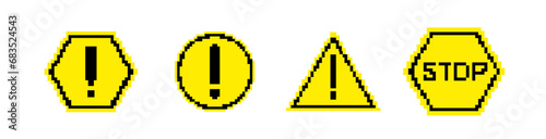 8 bit yellow caution road sign icon. Pixel error retro banner. Pixelated car traffic sign.