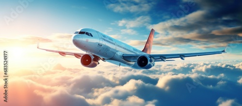 Beautiful airplane with Sunlight an edge of blue sky with clouds. AI generated image photo