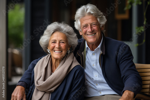 Stylish and wealthy Elderly couple, full of joy and love, laughing in their homes. Senior couple, husband and wife enjoy a happy life after retirement photo