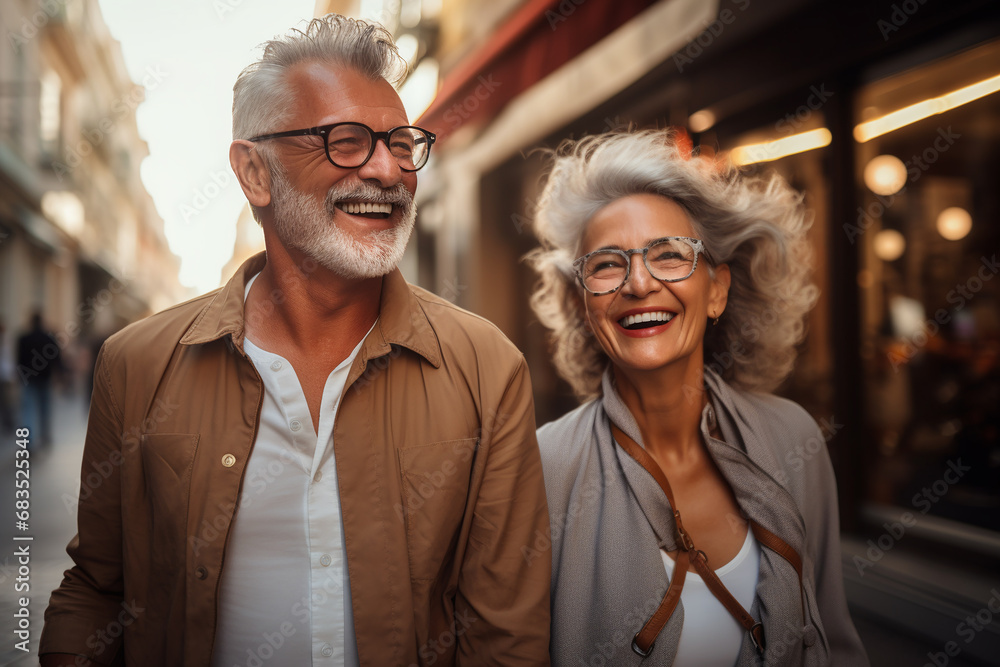 Older couple, full of joy and love, laughing and holding hands. Senior couple, husband and wife smiling having a walk in the city  passing shops - obrazy, fototapety, plakaty 
