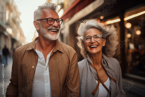 Older couple, full of joy and love, laughing and holding hands. Senior couple, husband and wife smiling having a walk in the city  passing shops photo