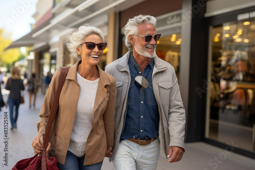 Older couple, full of joy and love, laughing and holding hands. Senior couple, husband and wife enjoy a vacation in the city center.